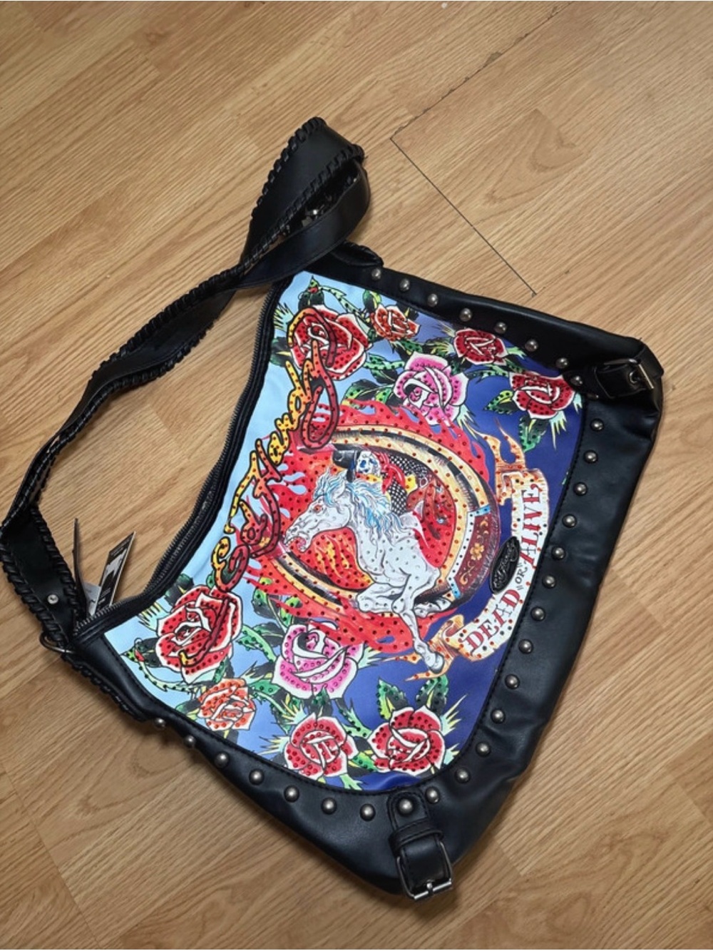 Black Floral Horseshoe Shoulder Bag